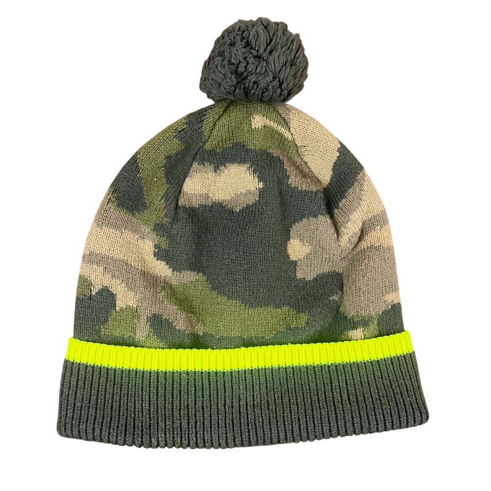 Crewcuts Kids Camo Pom-Pom Beanie Hat Green Neon Yellow BC761 L-XL